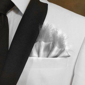 New - Silver Grey Satin Ruffle & Feather Pocket Square Insert